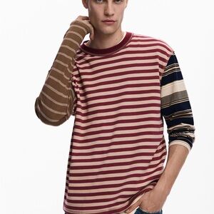 Desigual Burgundy and Beige Striped Long Sleeve Tee